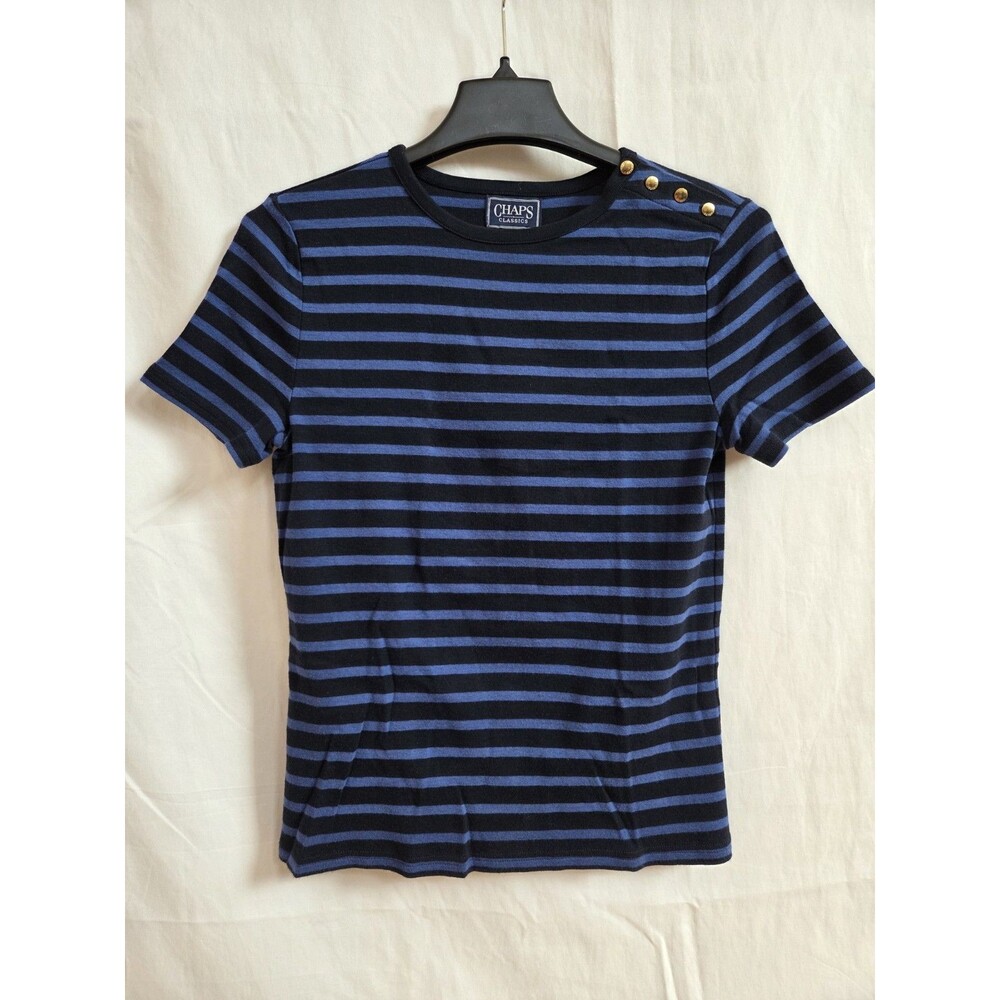 Chaps Classics Striped T Shirt S Blue Black 100% Cotton Gold Button Shoulder